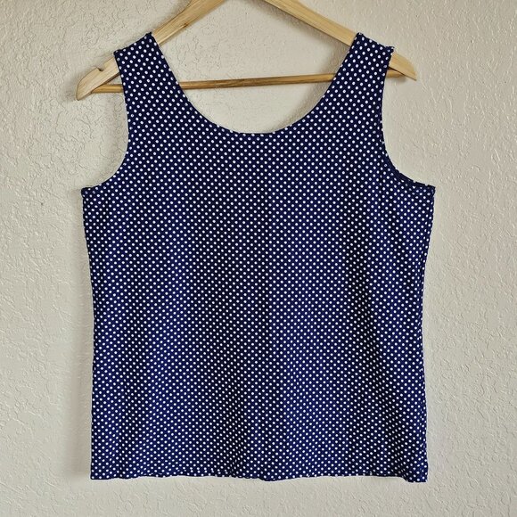 Chicos Size 2 Navy Blue & White Polka Dot Sleeveless Tank Top Stretchy Scoop Nec - Picture 3 of 7